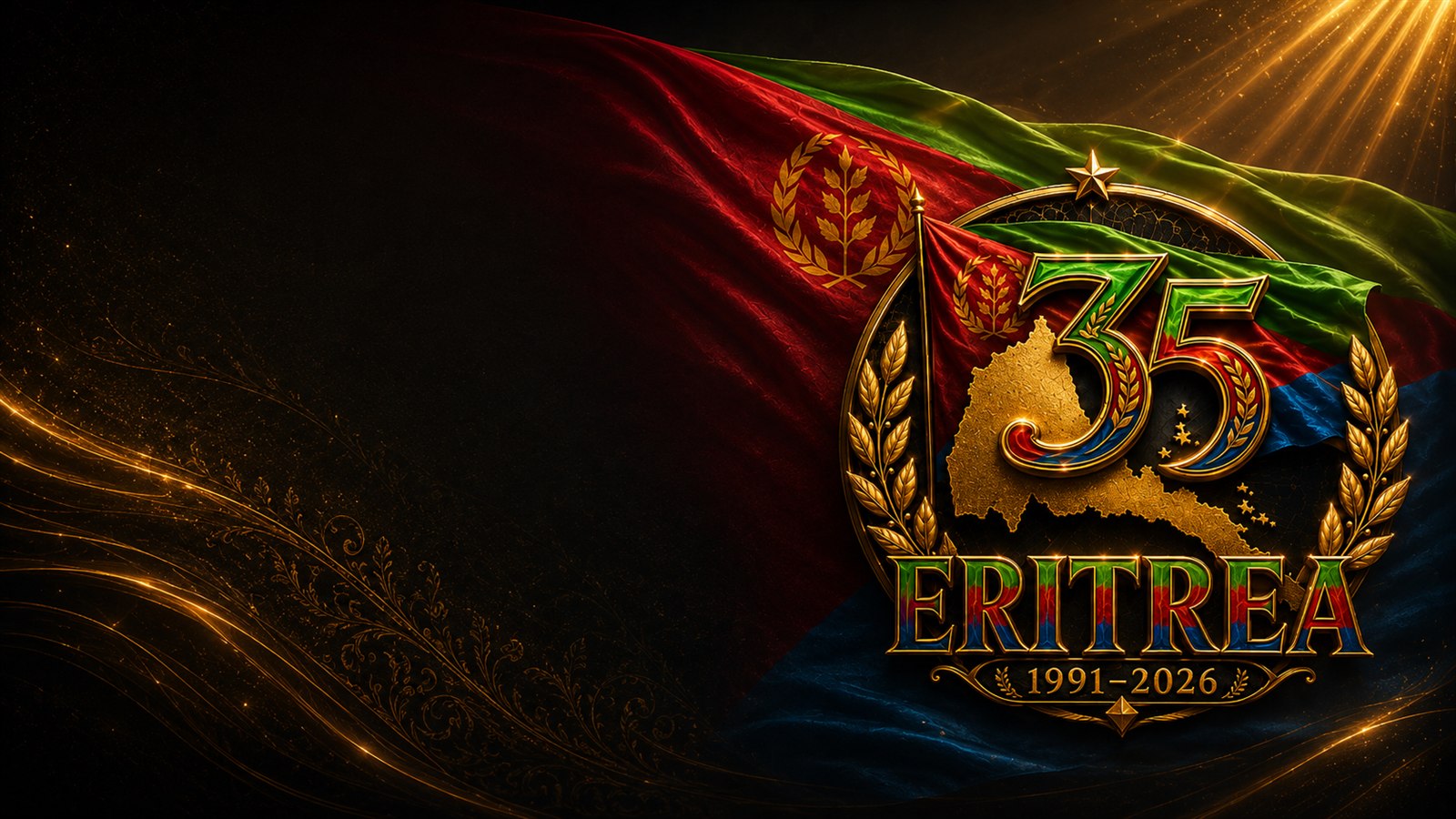Eritrea 35 Hero-Bühne: wehende Eritrea-Flagge mit Jubilaeumswappen und Schriftzug ERITREA 1991 bis 2026